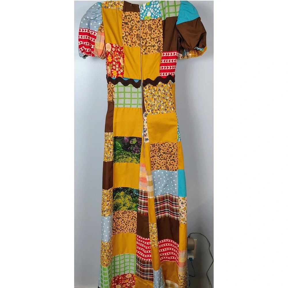 Vintage Handmade Patchwork Maxi Dress Multi Color Floral Gingham Rickrack Trim